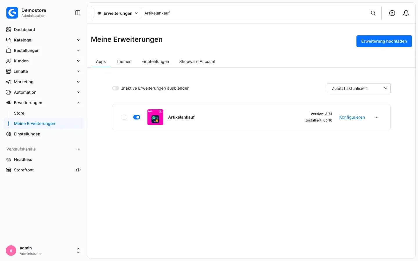 Abb. 1: Artikelankauf unter Erweiterungen → Meine Erweiterungen, installiert und aktiviert
