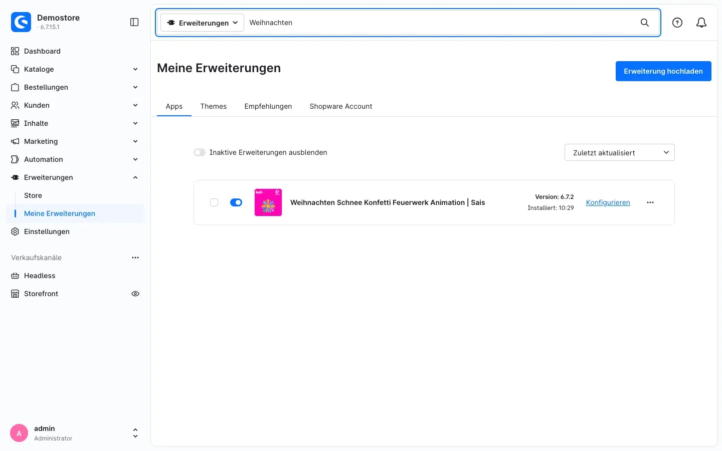 Das Plugin unter Meine Erweiterungen: aktiv, Version 6.7.2, mit dem Link Konfigurieren