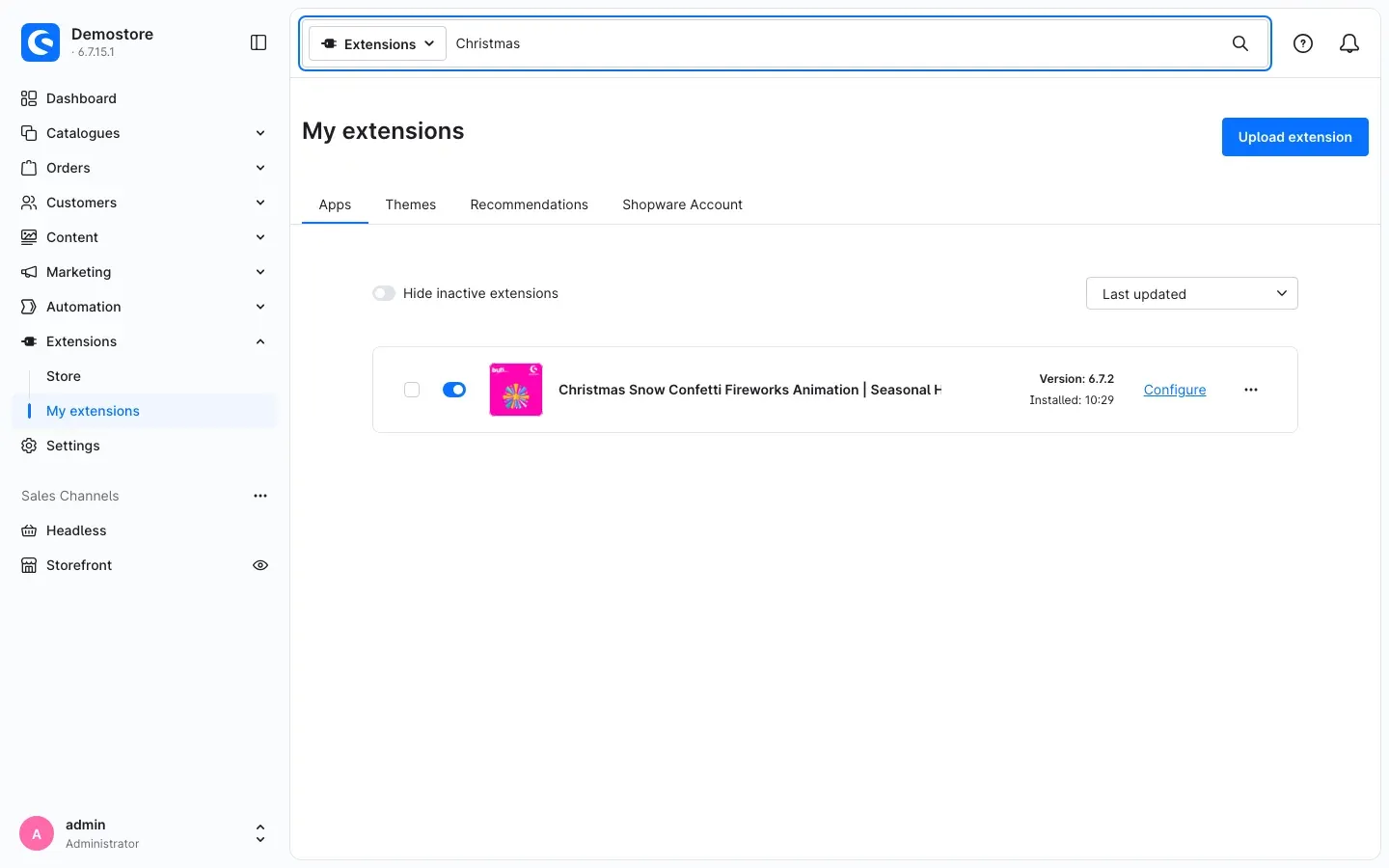 The plugin under My extensions: active, version 6.7.2, with the Configure link