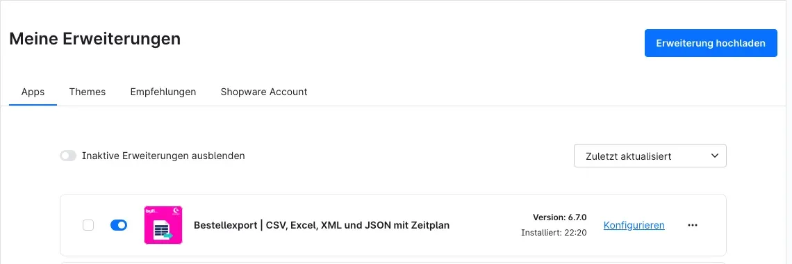 Plugin in „Meine Erweiterungen“, installiert und aktiv