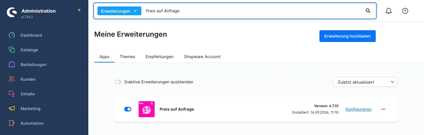 Preis auf Anfrage unter Meine Erweiterungen, installiert und aktiviert