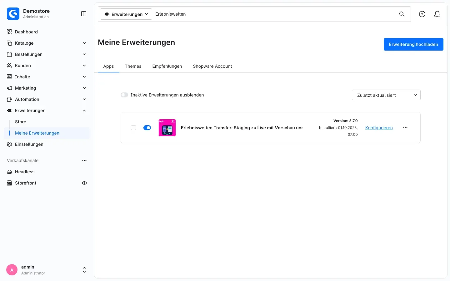Plugin in der Liste „Meine Erweiterungen“, installiert und aktiv