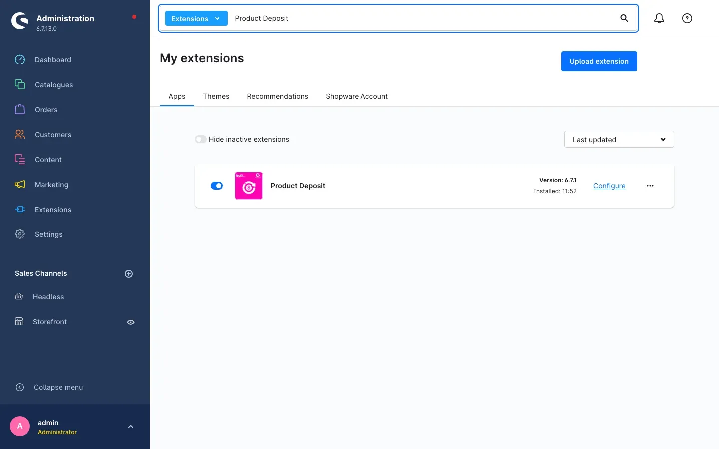 Product Deposit in the list of extensions — installed and active