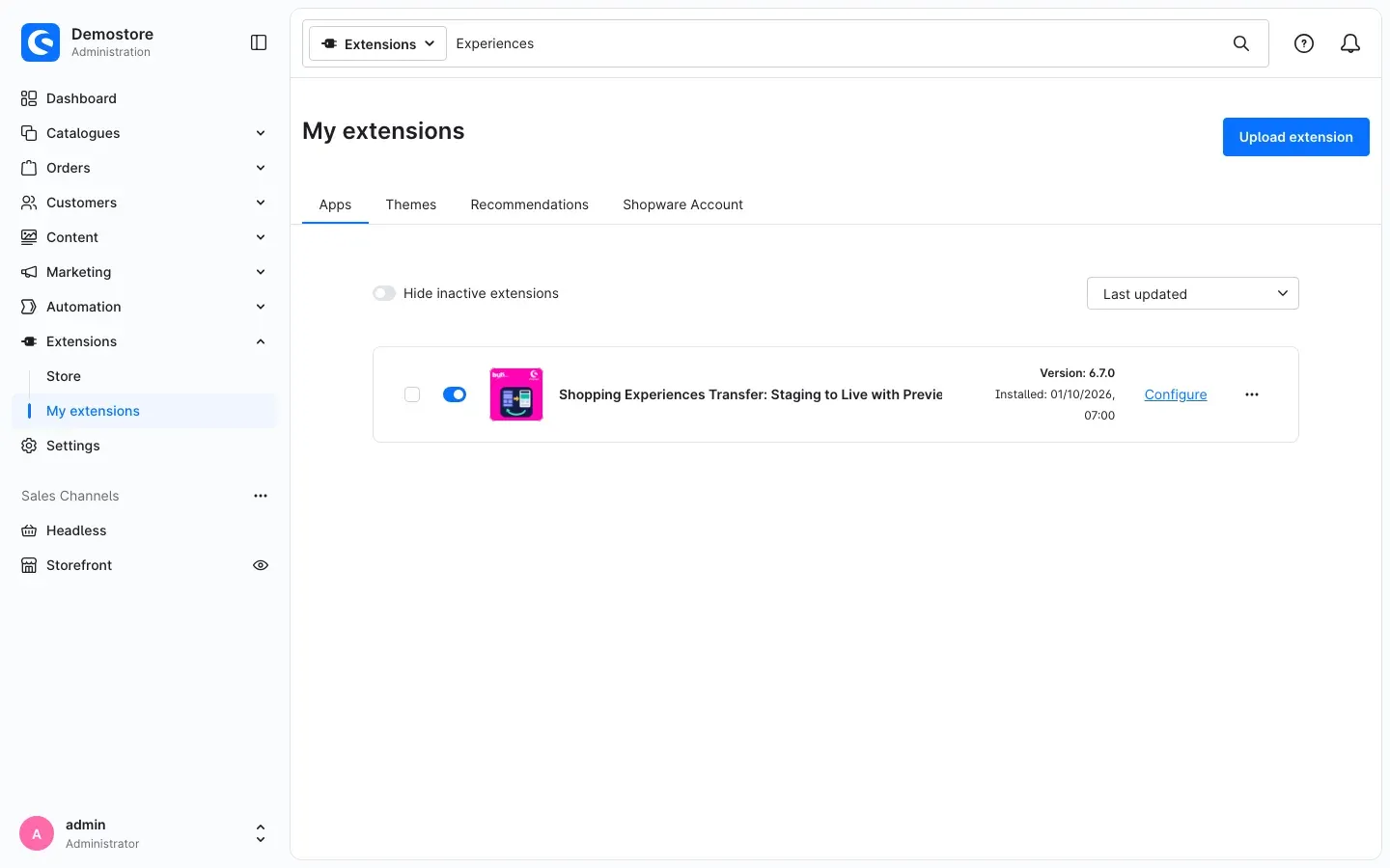 Plugin in the "My extensions" list, installed and active