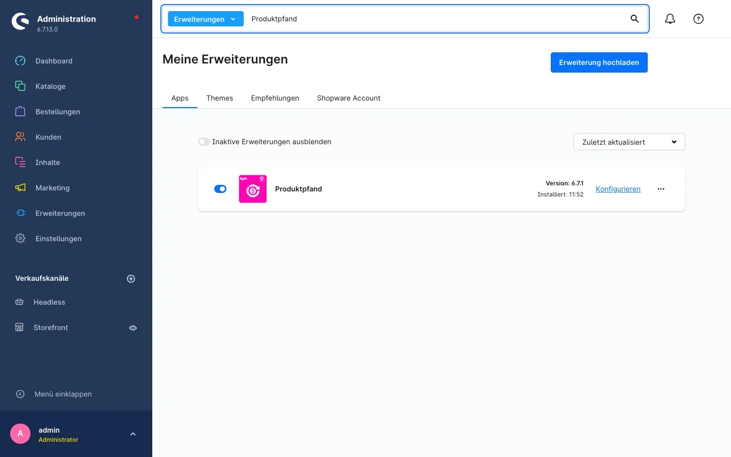 Produktpfand in der Liste der Erweiterungen — installiert und aktiv