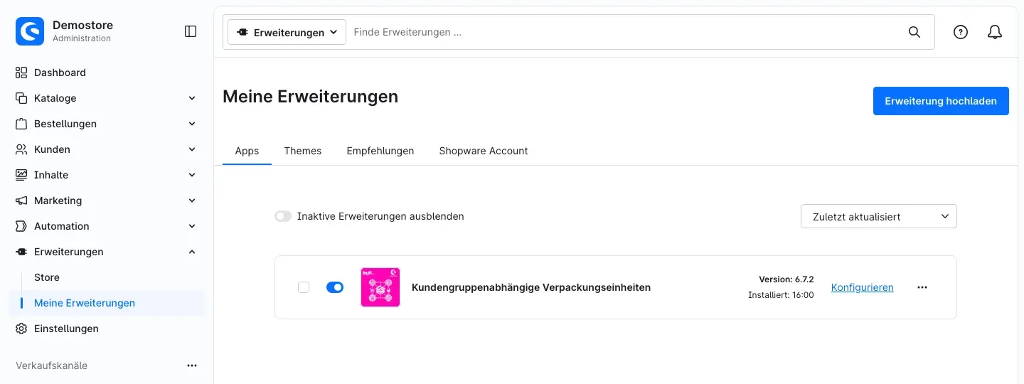 Das Plugin in der Liste „Meine Erweiterungen“, aktiviert