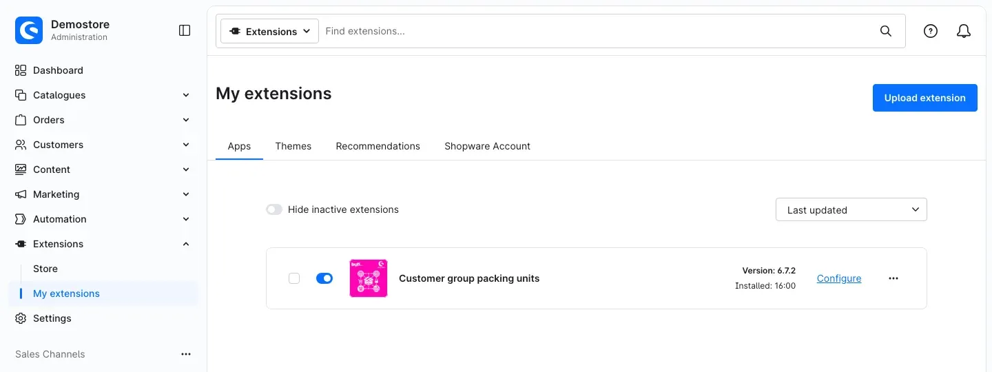 The plugin in the "My extensions" list, active
