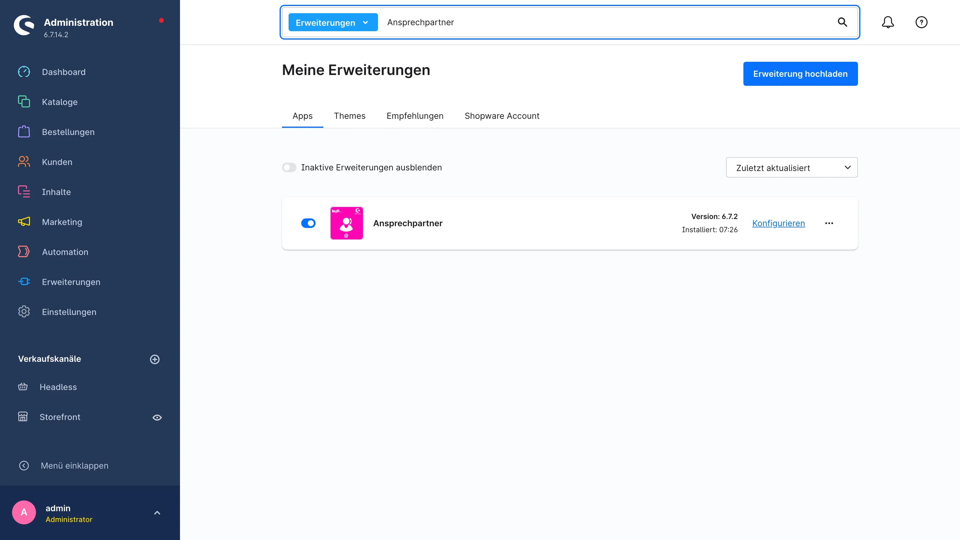 Das Plugin „Ansprechpartner" unter „Meine Erweiterungen"