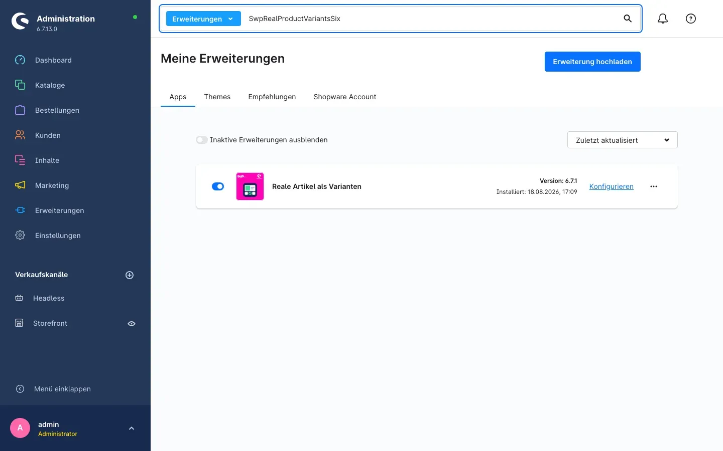 Meine Erweiterungen mit dem installierten und aktiven Plugin