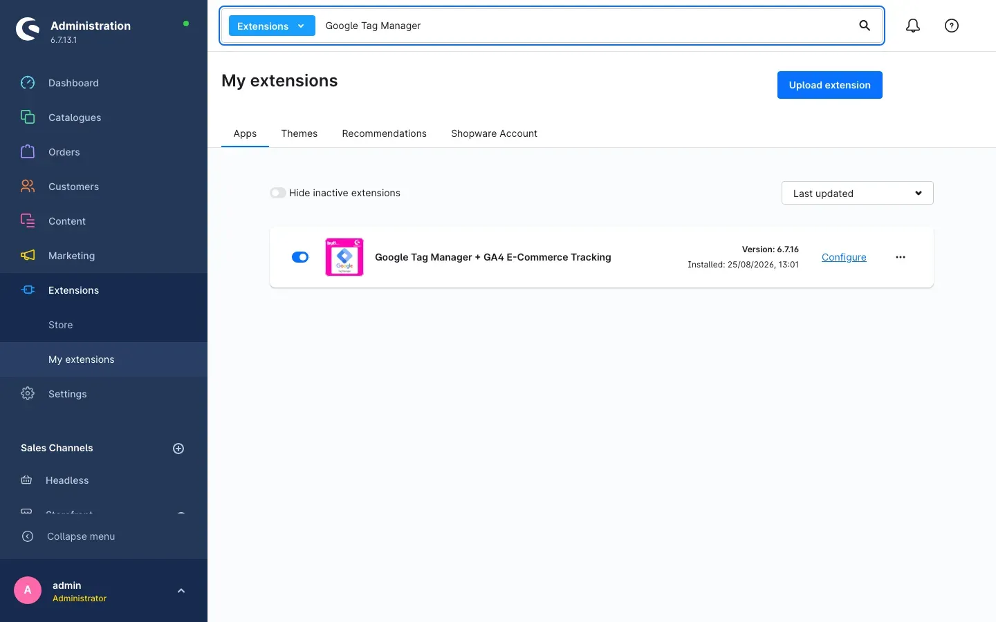My extensions with the plugin installed and activated