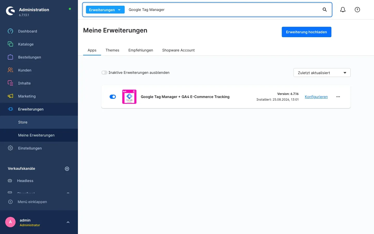 Meine Erweiterungen mit installiertem und aktiviertem Plugin