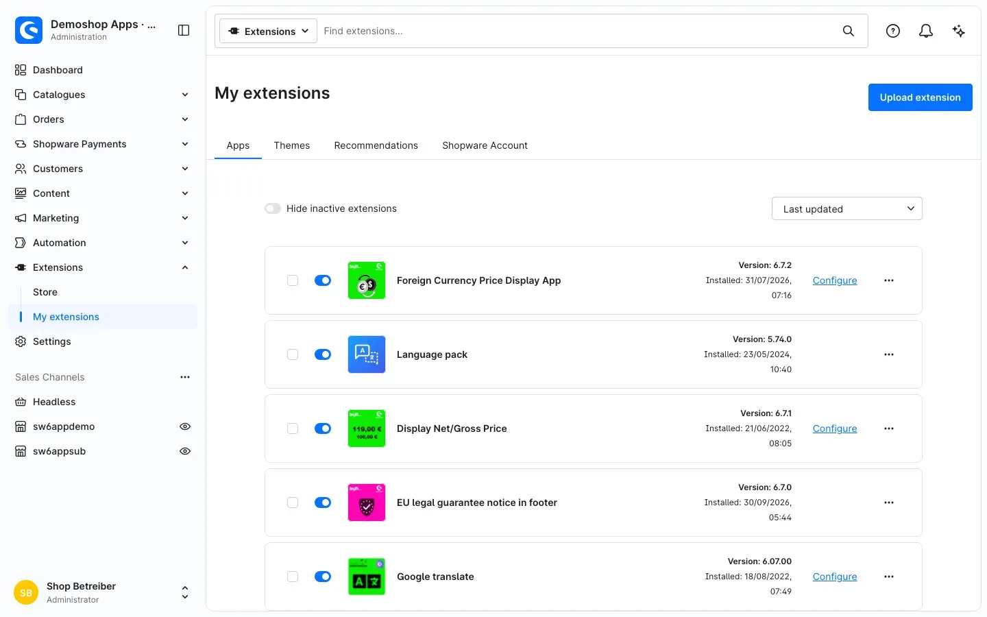 The "Display Net/Gross Price" app under Extensions → My extensions