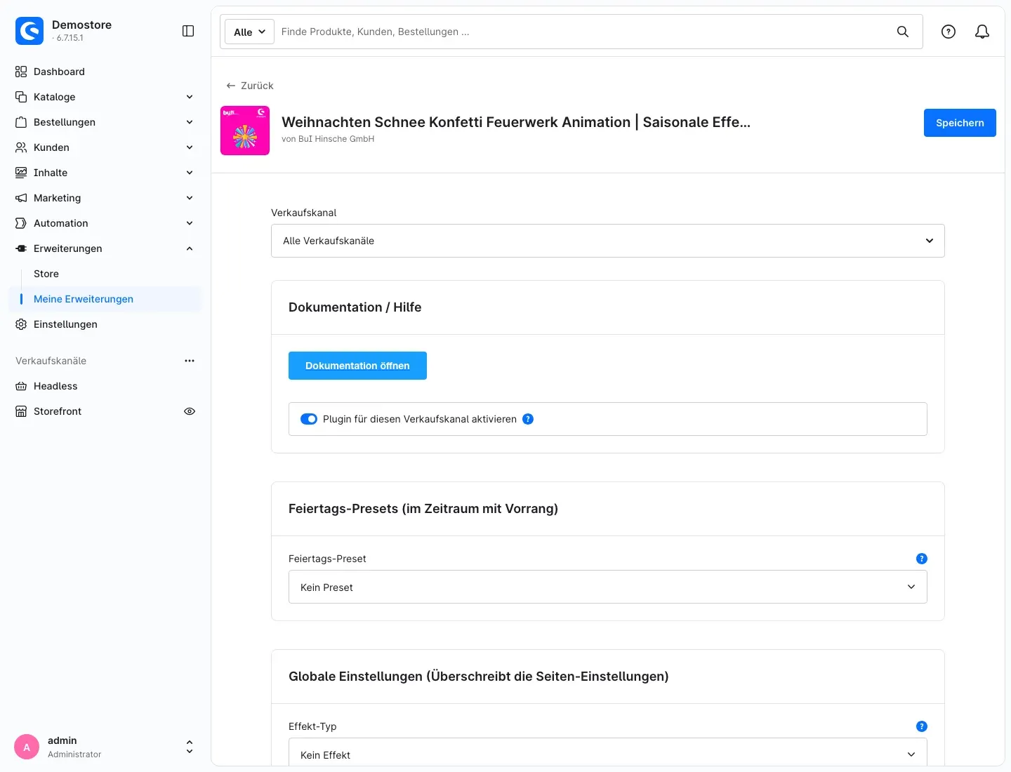 Konfigurationsseite oben: Verkaufskanal-Auswahl, Card Dokumentation / Hilfe, Card Feiertags-Presets und Beginn der globalen Einstellungen