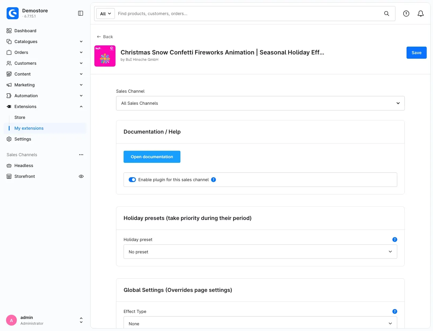 Top of the configuration page: sales channel selection, Documentation / Help card, Holiday presets card and start of the global settings