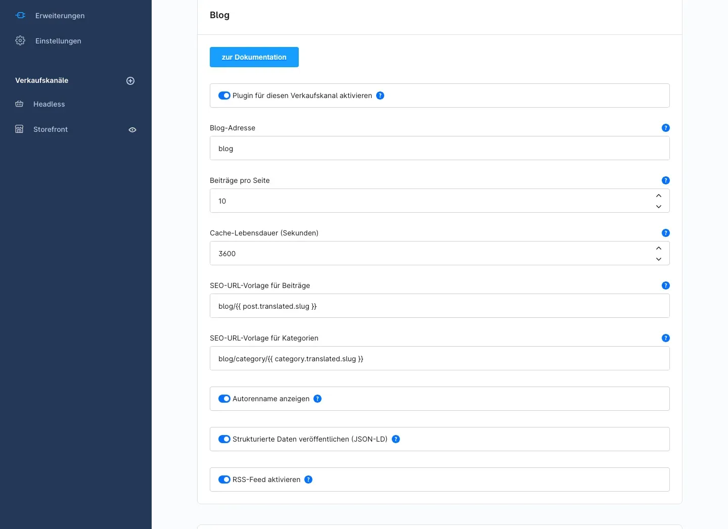 Karte „Blog" in der Plugin-Konfiguration