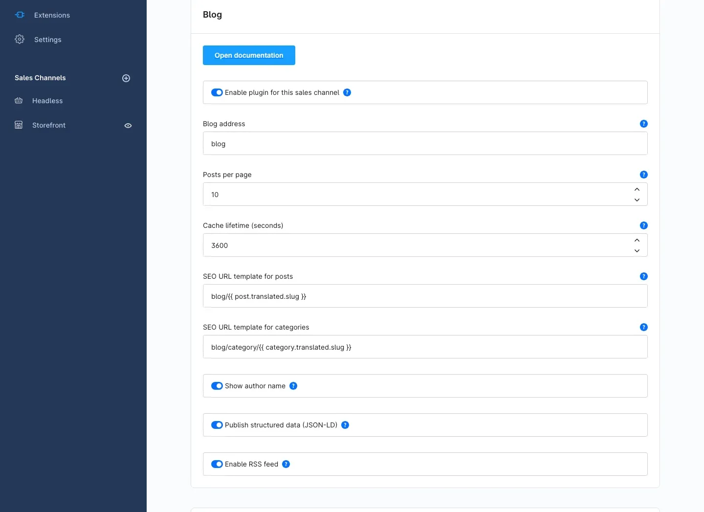 The "Blog" card in the plugin configuration