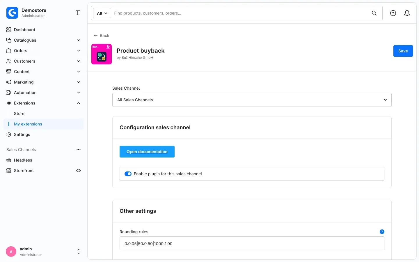 Fig. 2: Configuration page, card "Configuration sales channel"
