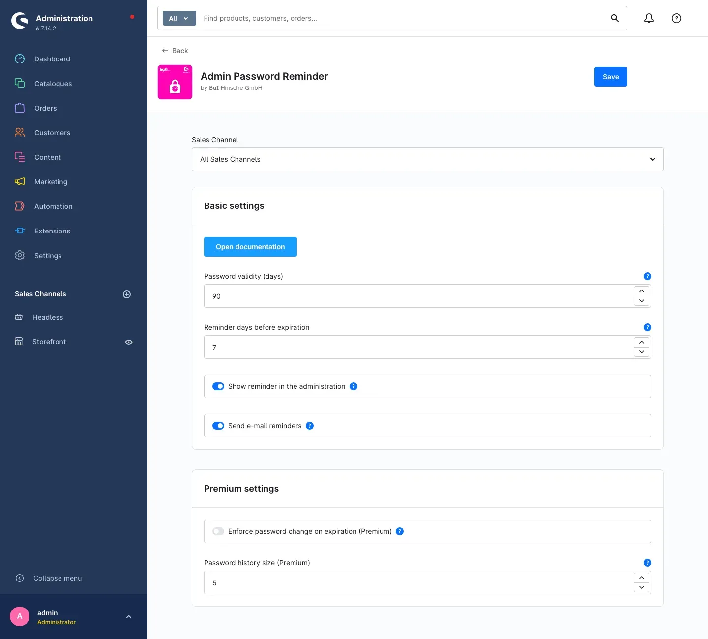 Configuration page with basic and premium settings