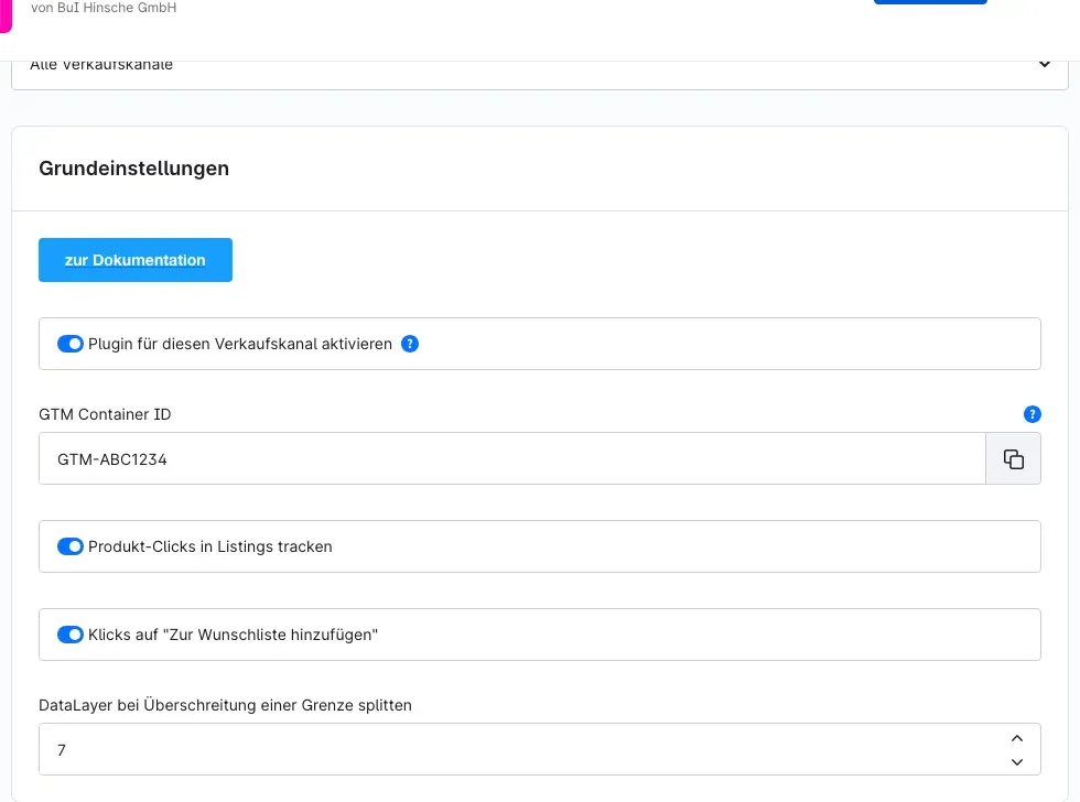 Karte „Grundeinstellungen" mit Verkaufskanal-Auswahl, Aktiv-Schalter und GTM Container ID