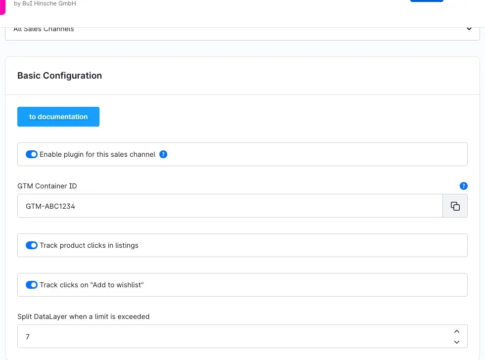 The "Basic Configuration" card with sales channel selection, active toggle and GTM Container ID
