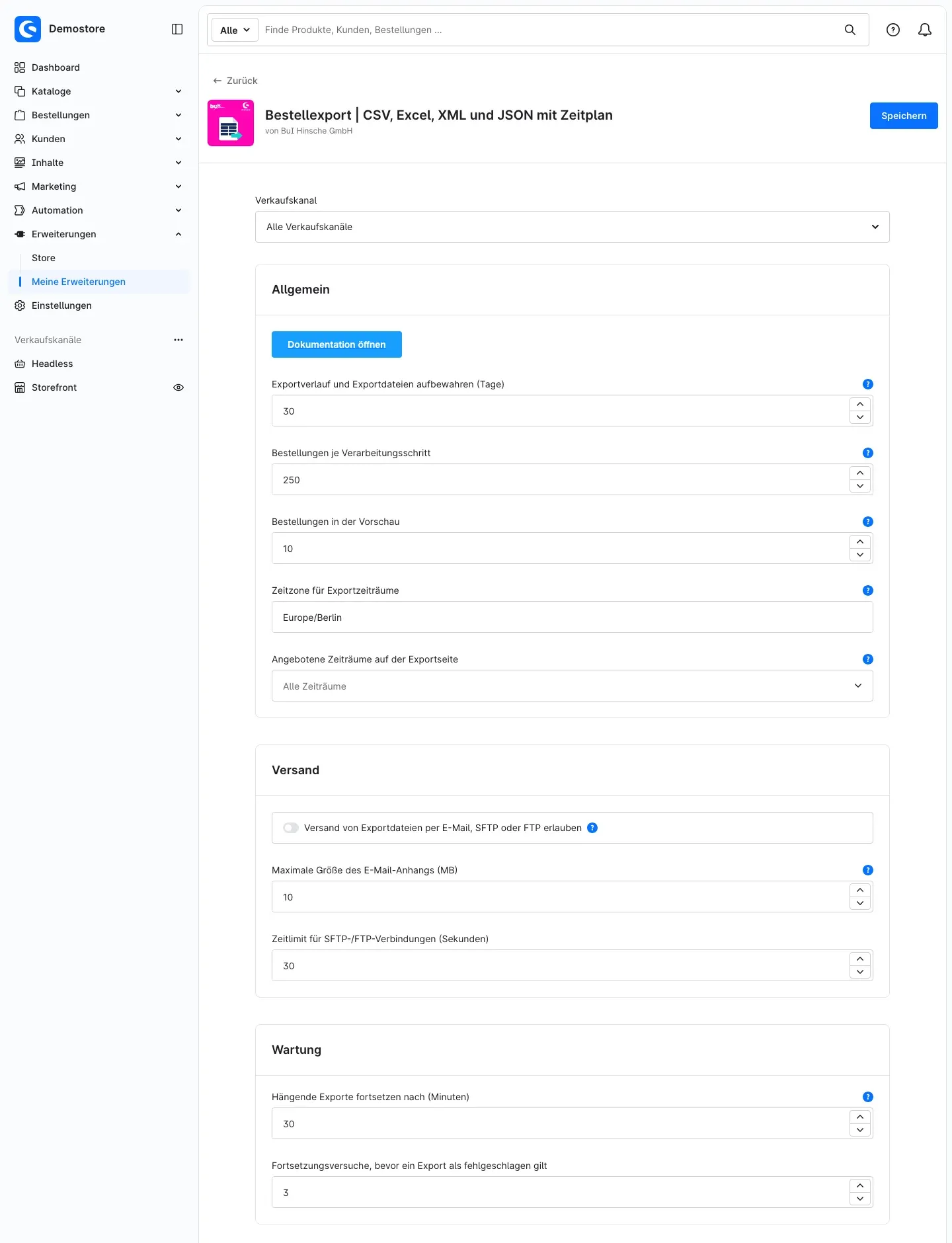 Konfigurationsseite des Plugins