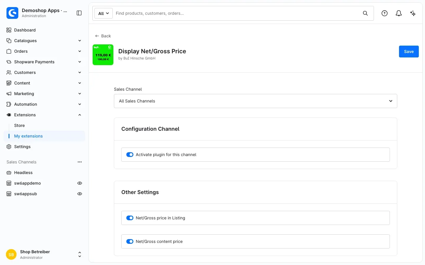 Configuration page of the app