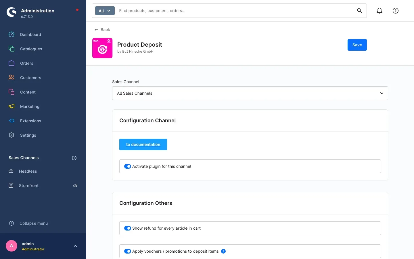 Configuration page with the areas "Configuration Channel" and "Configuration Others"