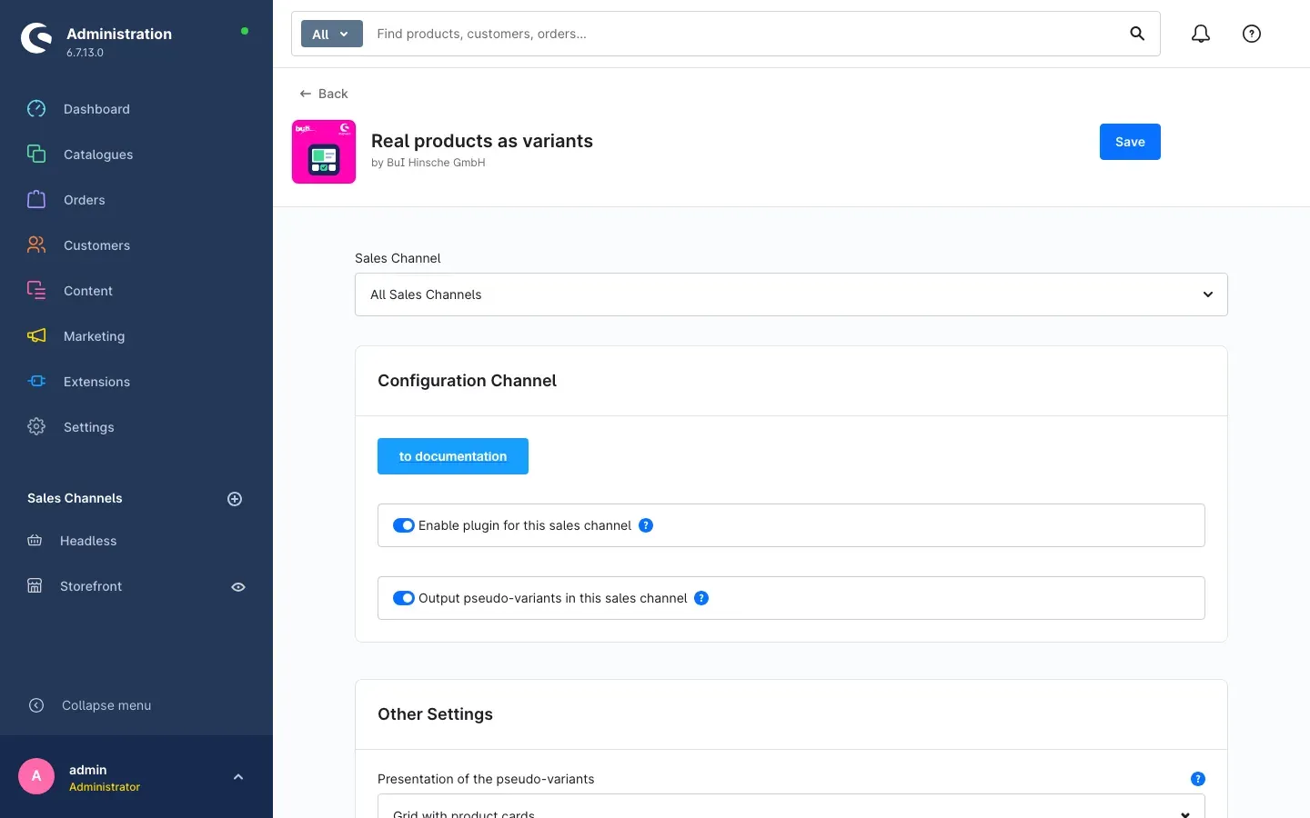 Configuration page with sales channel selection and the two switches
