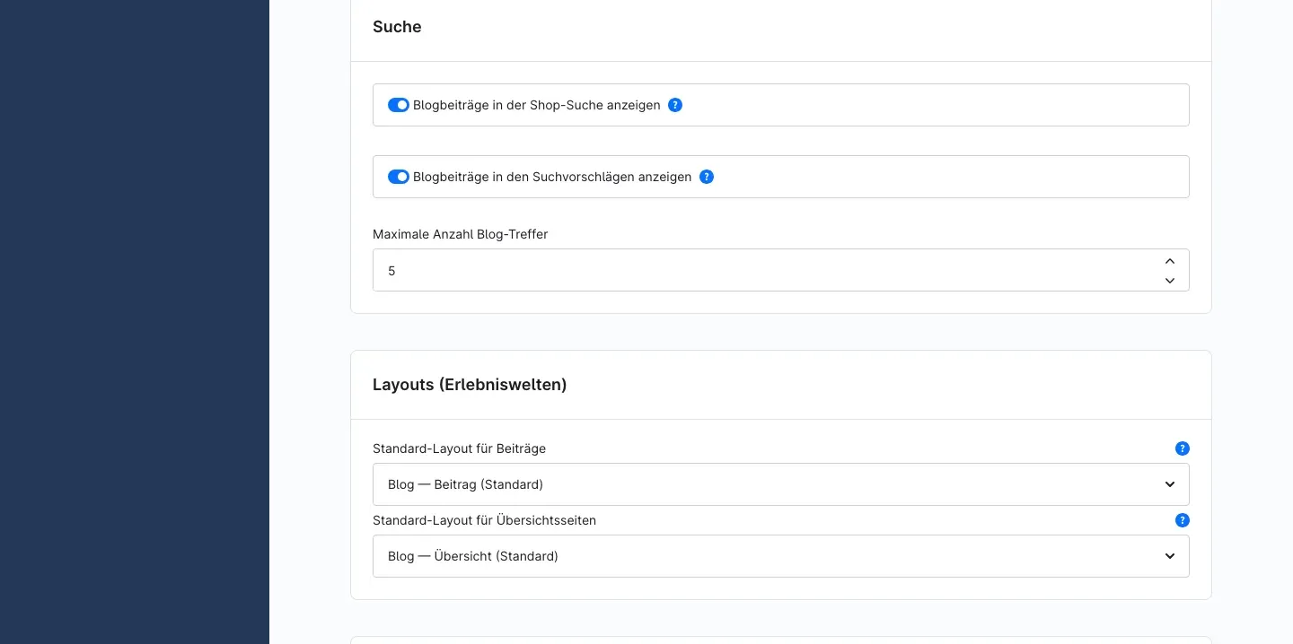 Karten „Suche" und „Layouts (Erlebniswelten)"