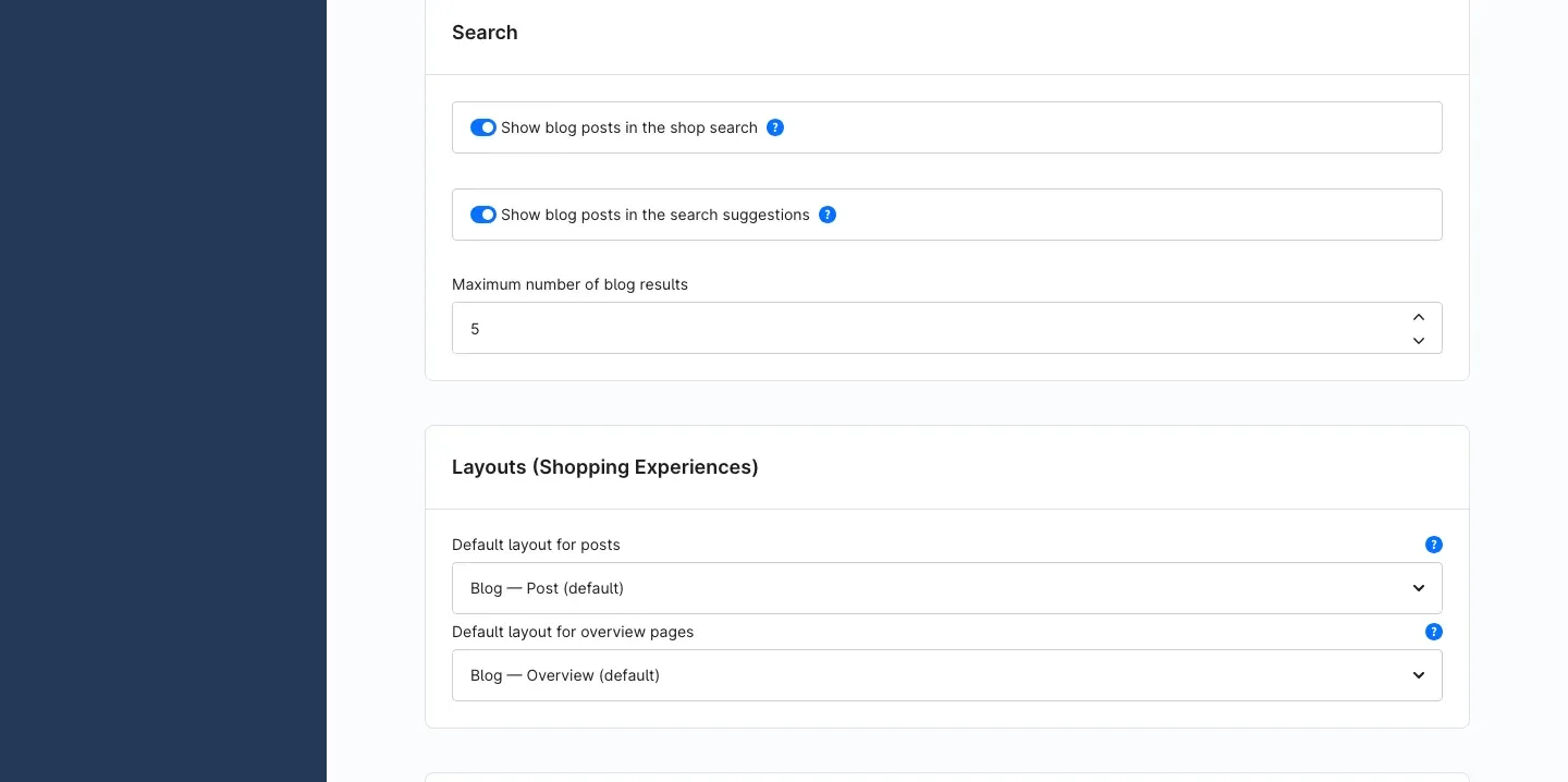 The "Search" and "Layouts (Shopping Experiences)" cards