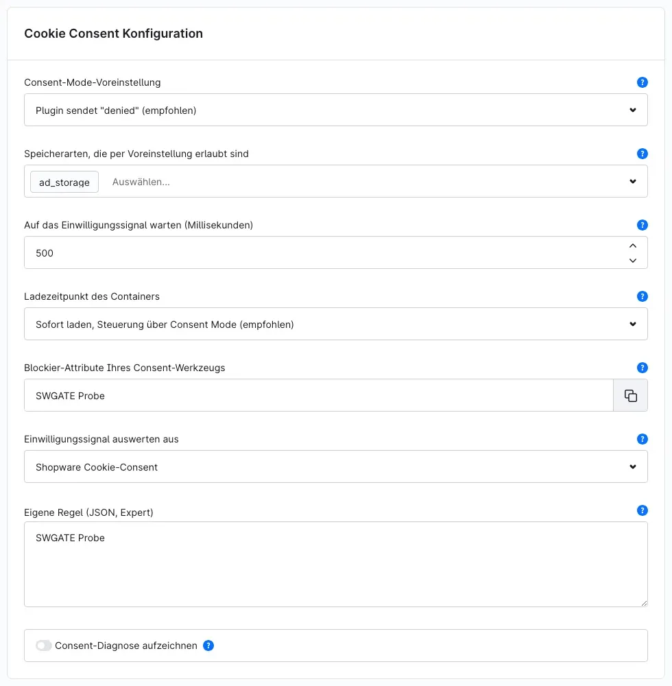 Karte „Cookie Consent Konfiguration" mit allen Einstellungen