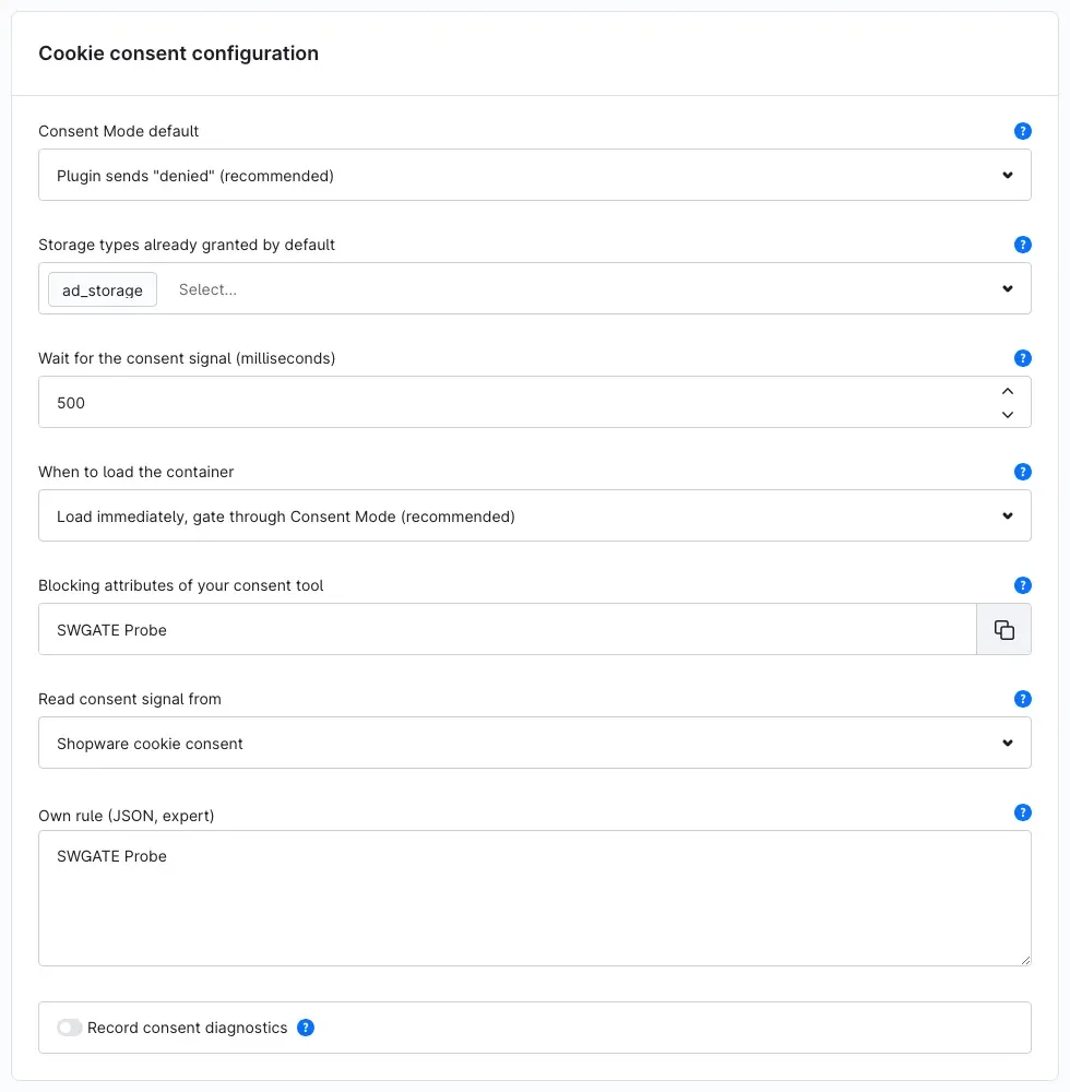 The "Cookie consent configuration" card with all its settings