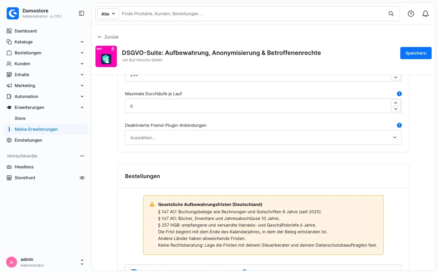Unterer Teil des Bereichs Allgemein und Beginn des Bereichs Bestellungen