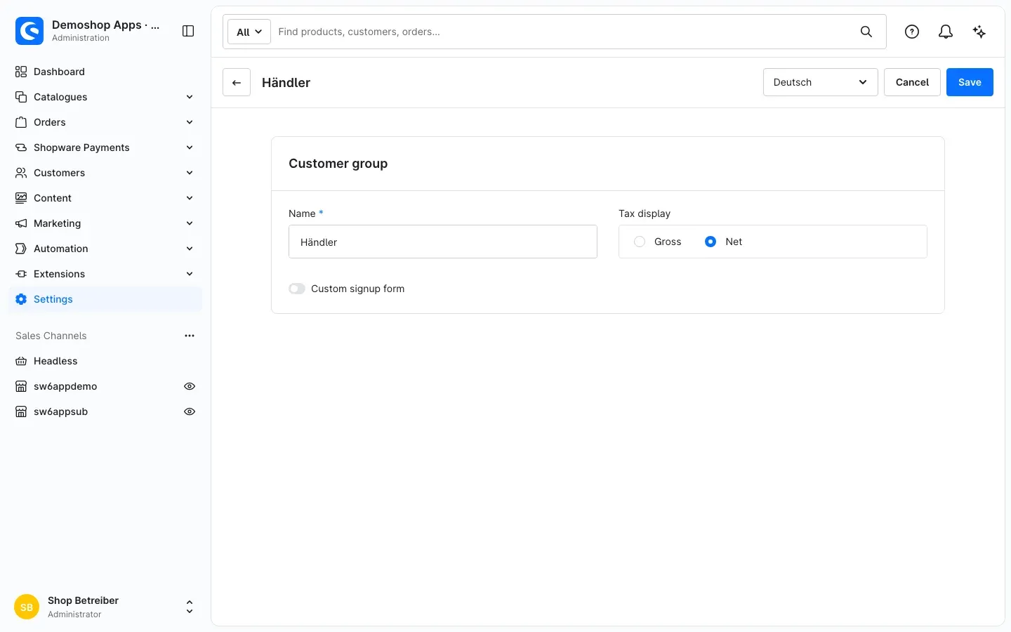 Tax display of a customer group