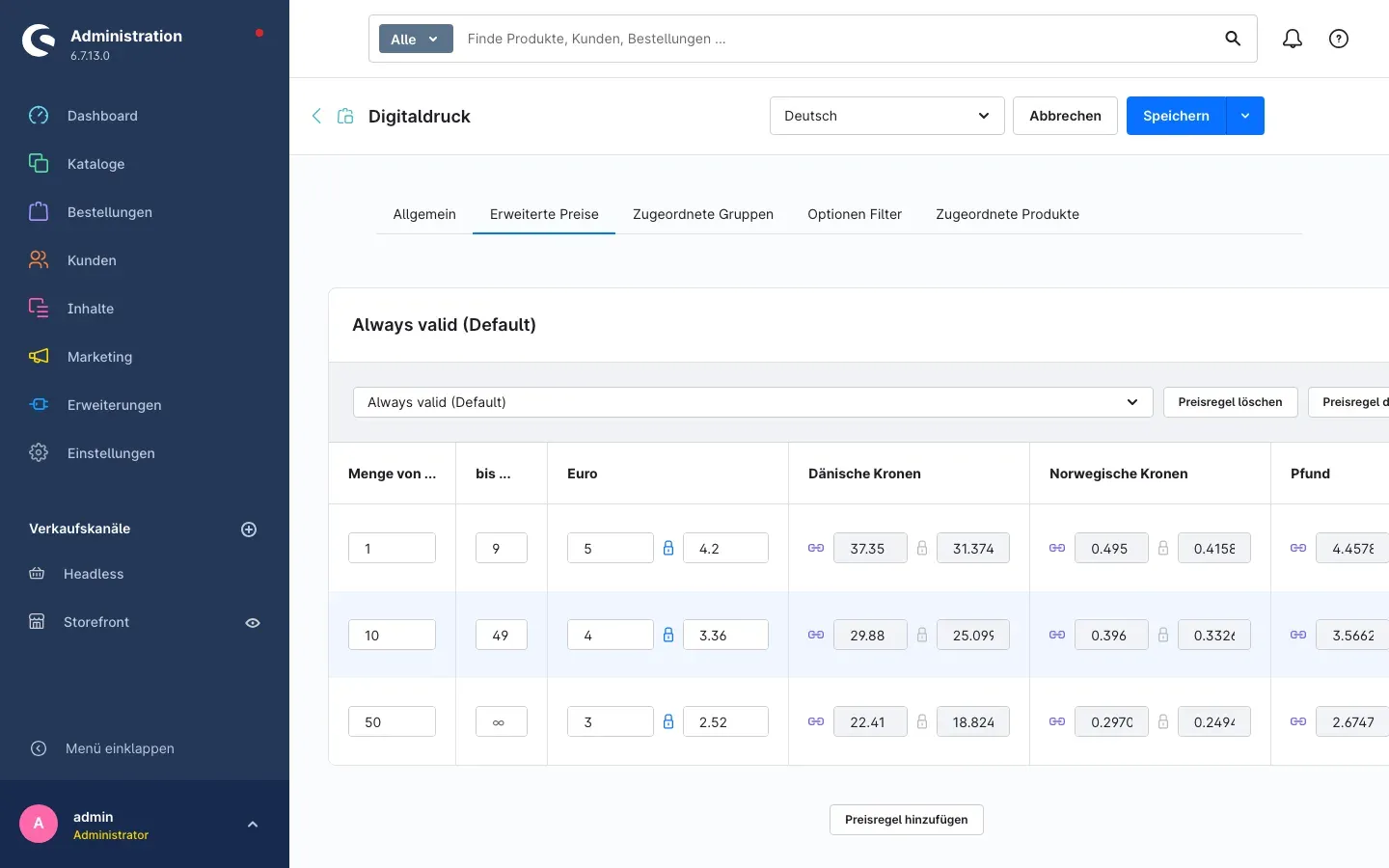 Reiter „Erweiterte Preise" an einer Produktoption