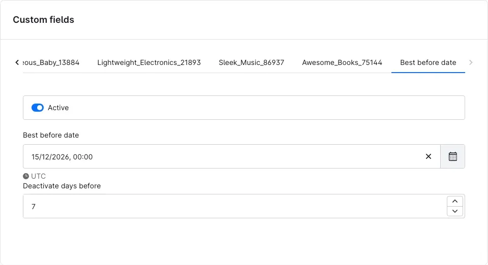 Custom fields on the product with the Best before date tab