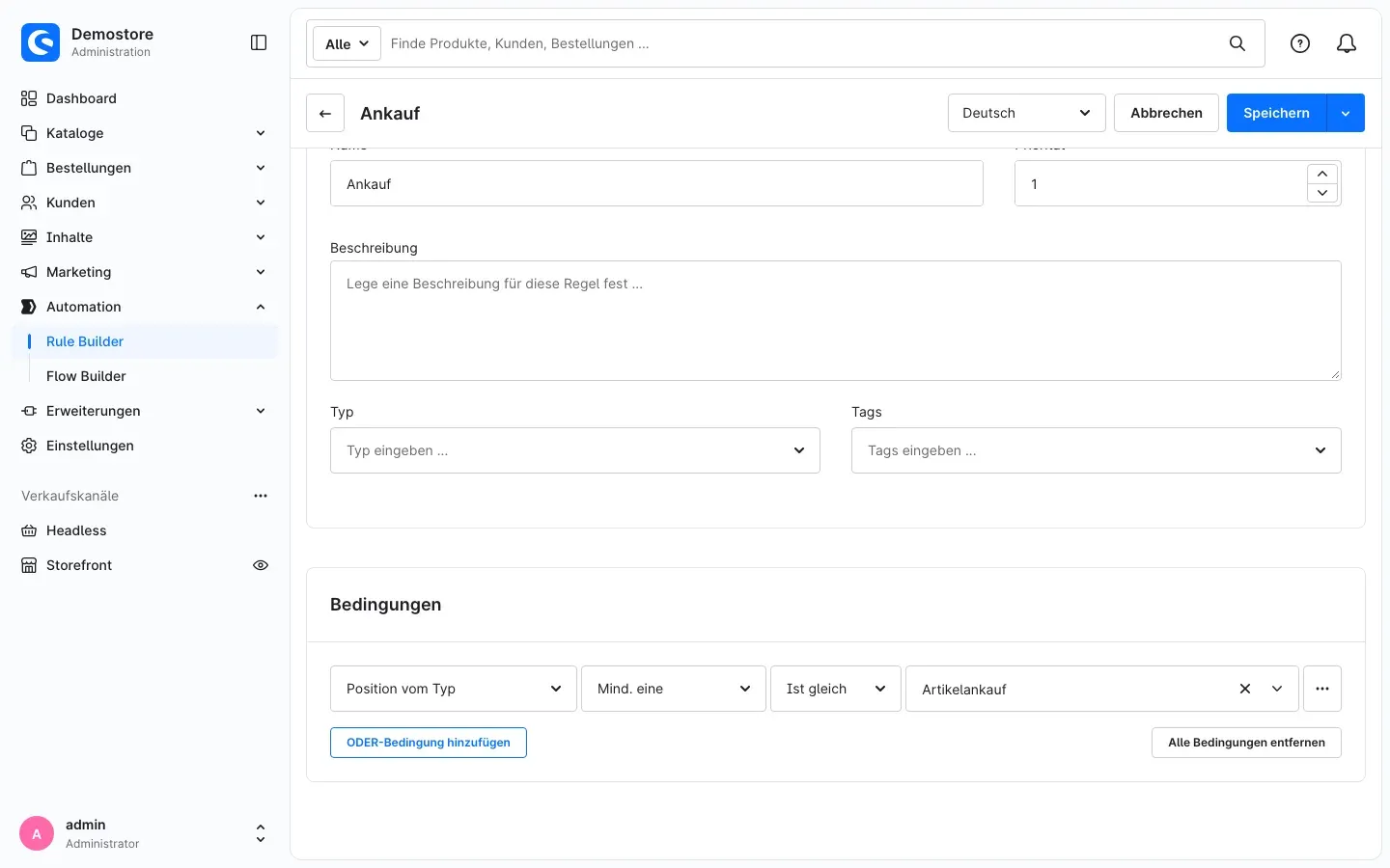 Abb. 4: Rule Builder mit der Regel „Ankauf“ und der Bedingung „Position vom Typ“ = Artikelankauf