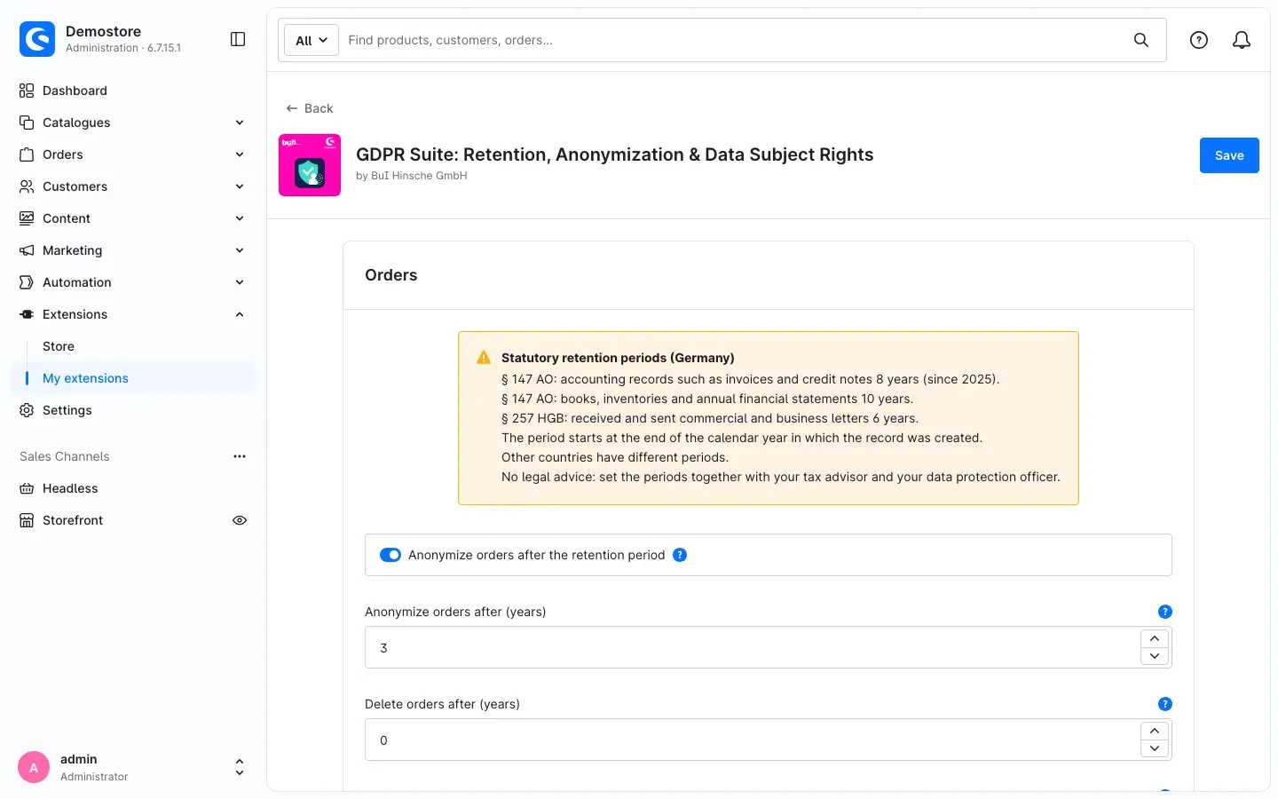 Orders section with periods