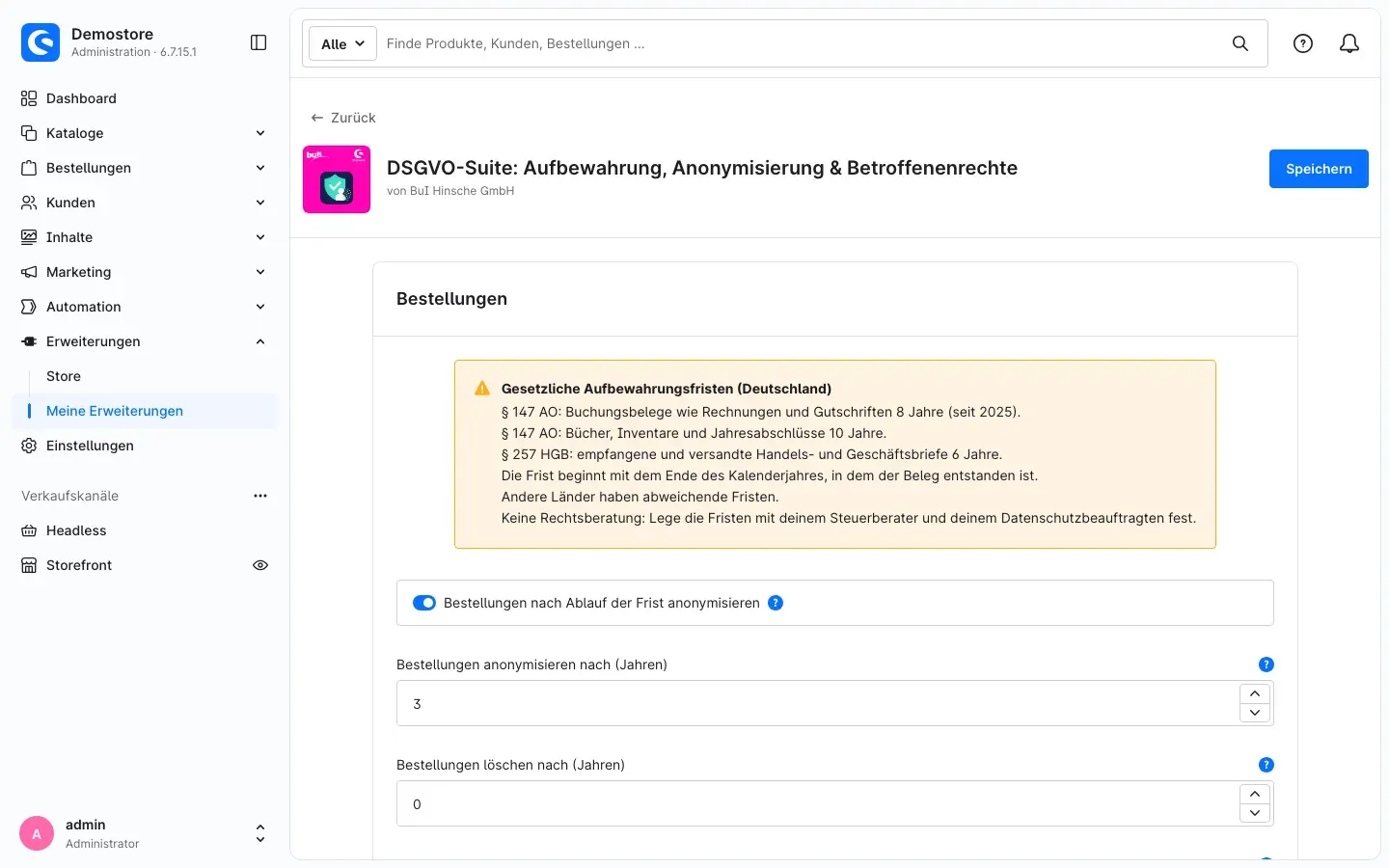 Bereich Bestellungen mit Fristen