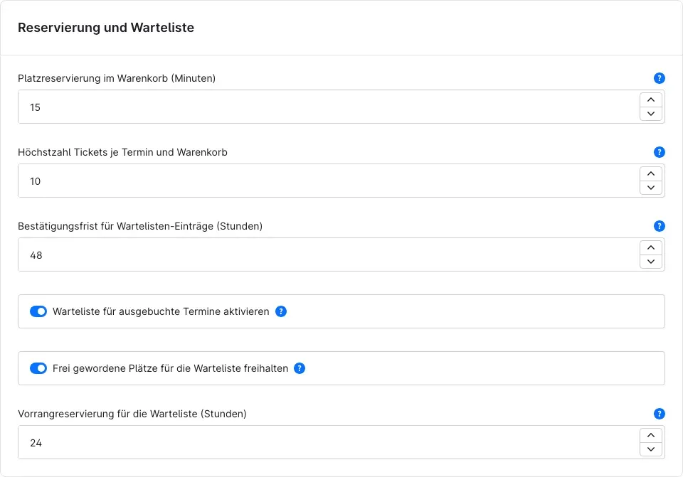 Karte Reservierung und Warteliste