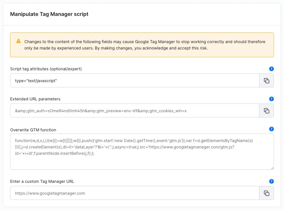 The "Manipulate Tag Manager script" card with its warning notice