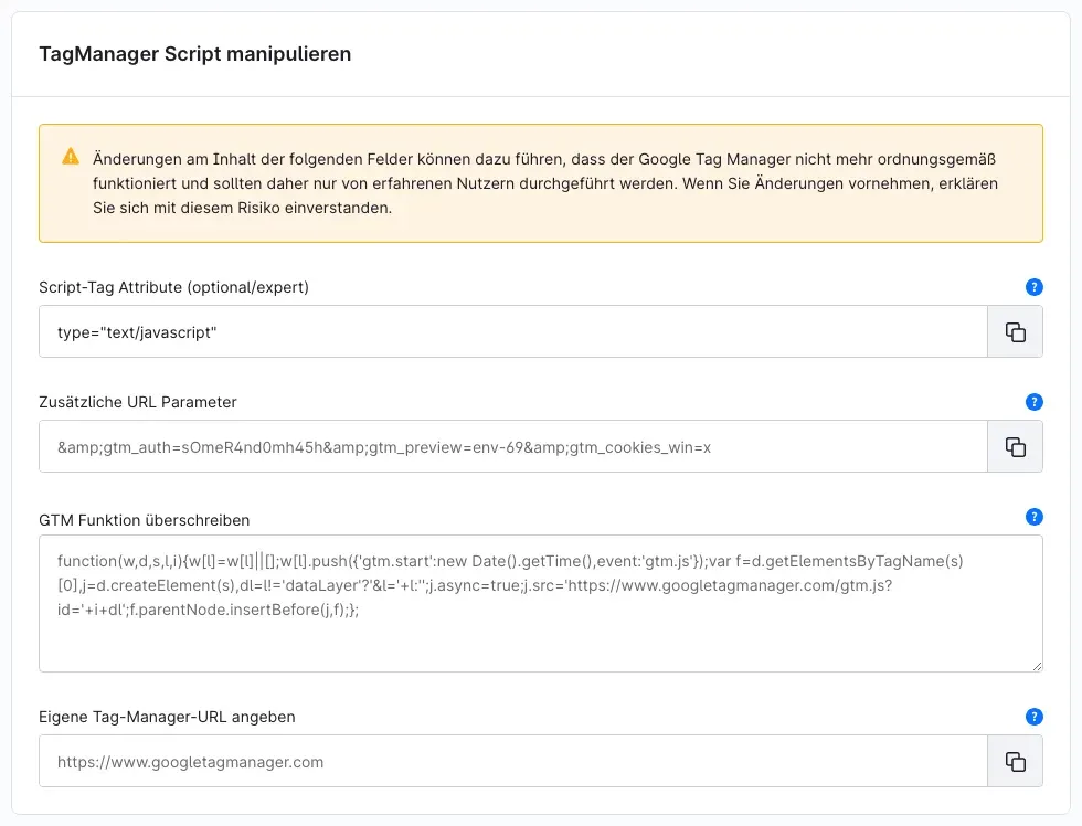 Karte „TagManager Script manipulieren" mit Warnhinweis