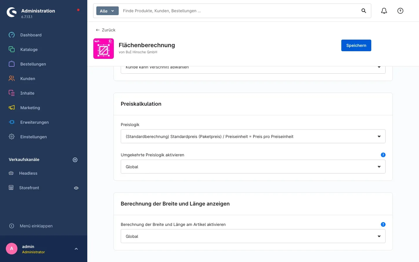 Die Karten „Preiskalkulation" und „Berechnung der Breite und Länge anzeigen"