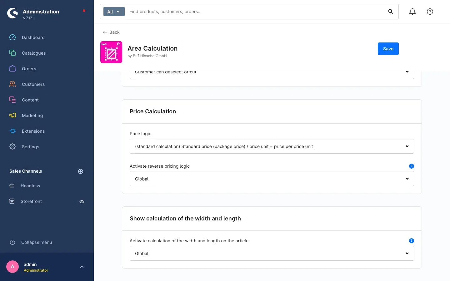 The "Price Calculation" and "Show calculation of the width and length" cards