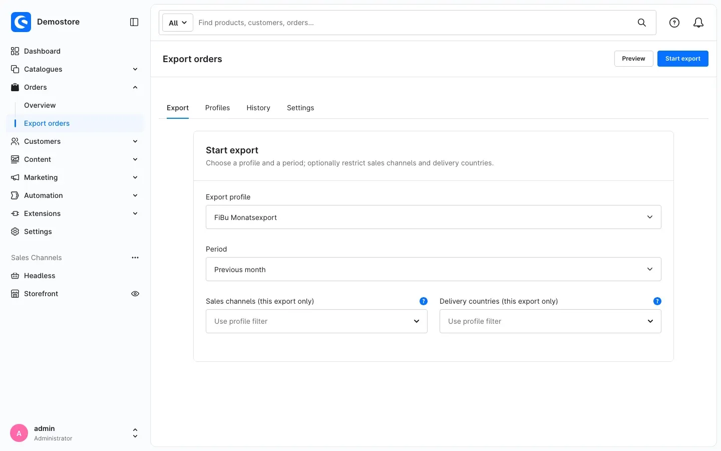 Export tab with profile and period