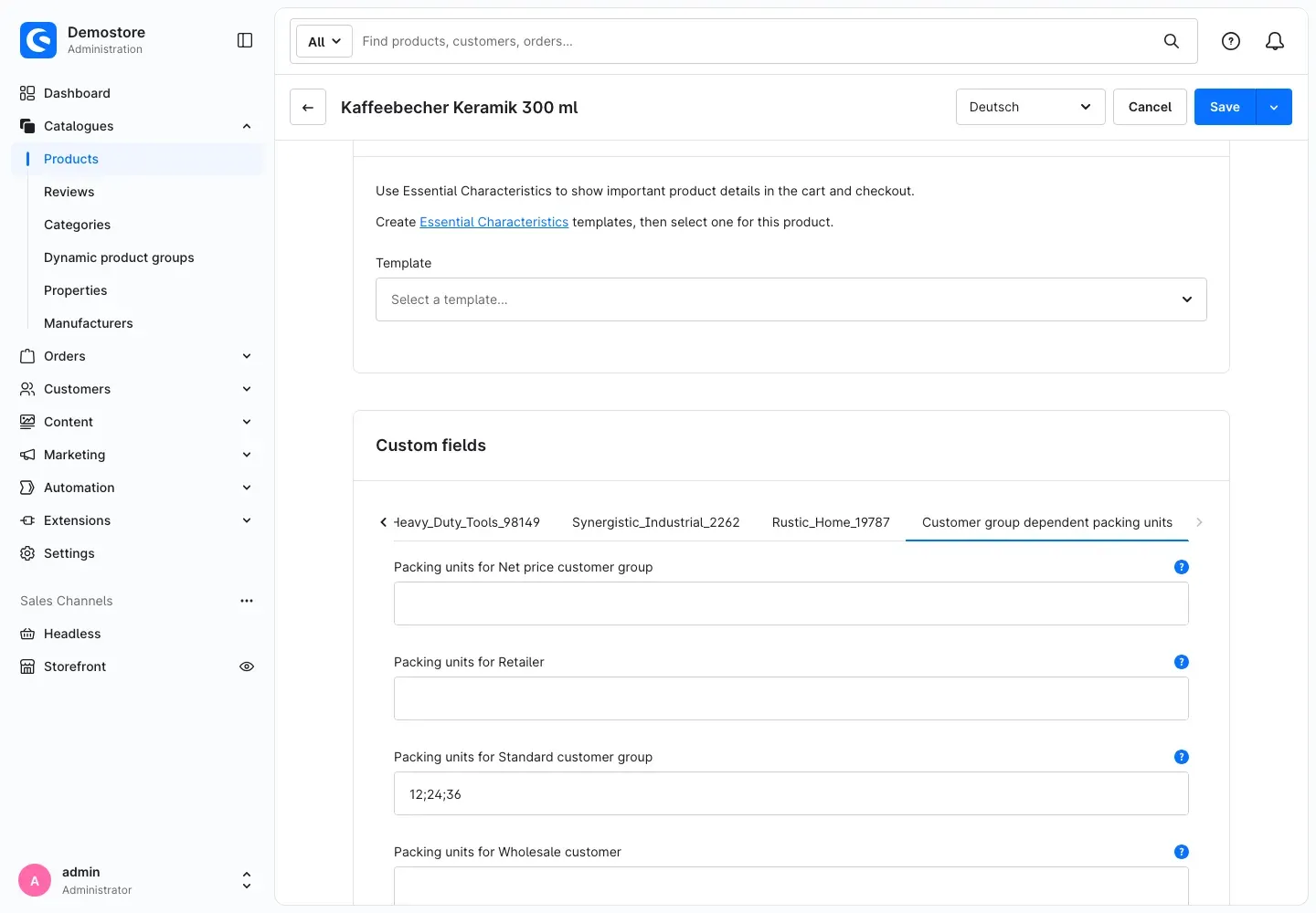 Custom fields for the packing units on the product