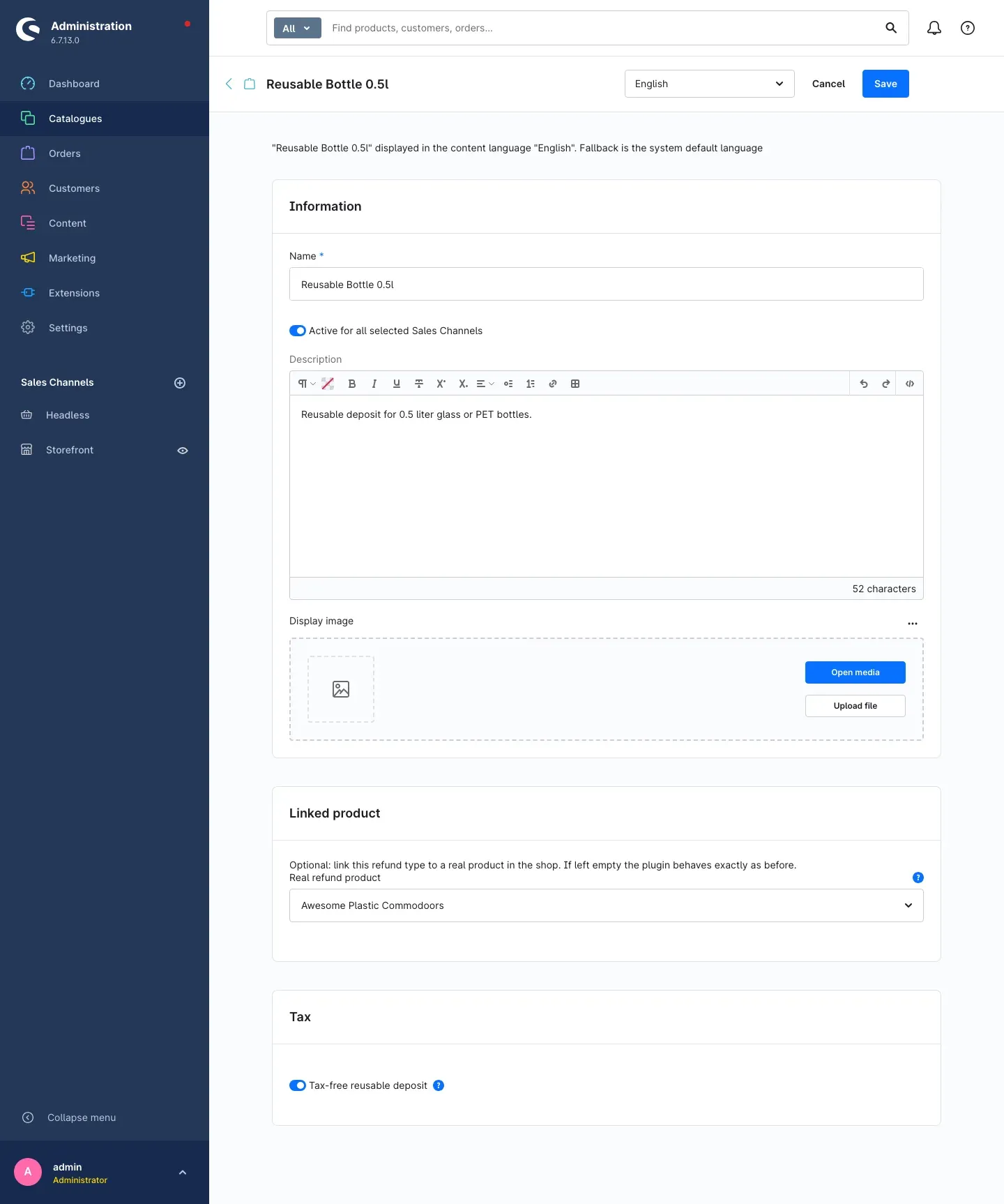 Detail view of a refund type with the Information, Linked product and Tax areas