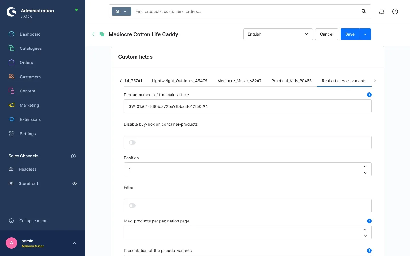 Custom fields of a linked product with the main article number entered