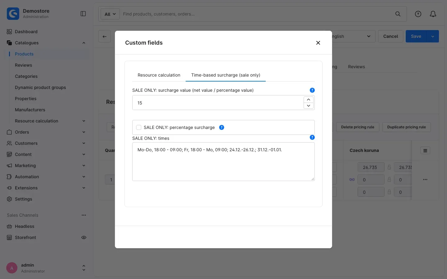 Tab "Time-based surcharge (sale only)" with filled fields