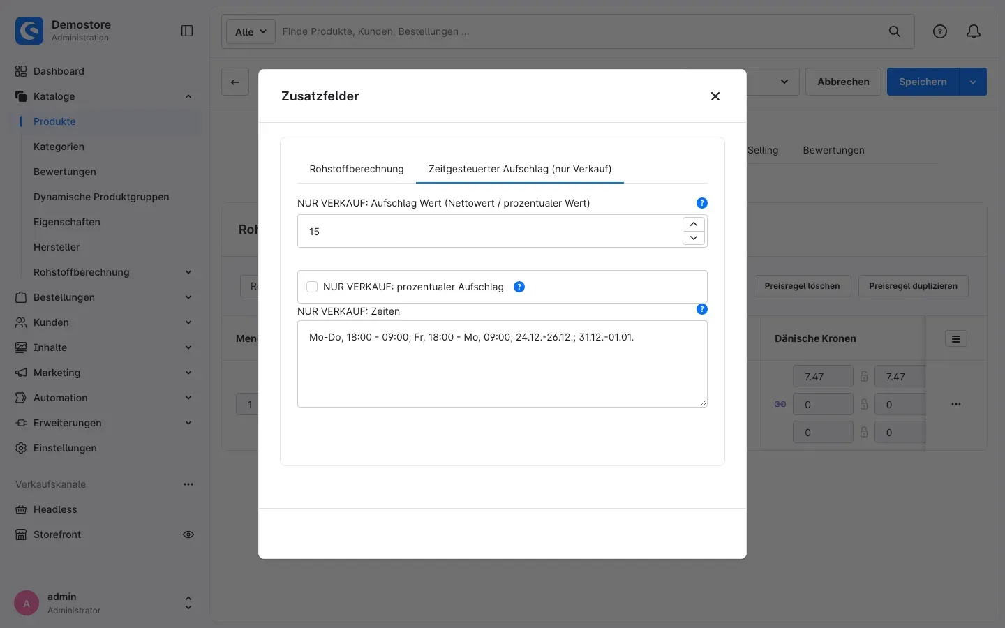 Tab „Zeitgesteuerter Aufschlag (nur Verkauf)“ mit ausgefüllten Feldern